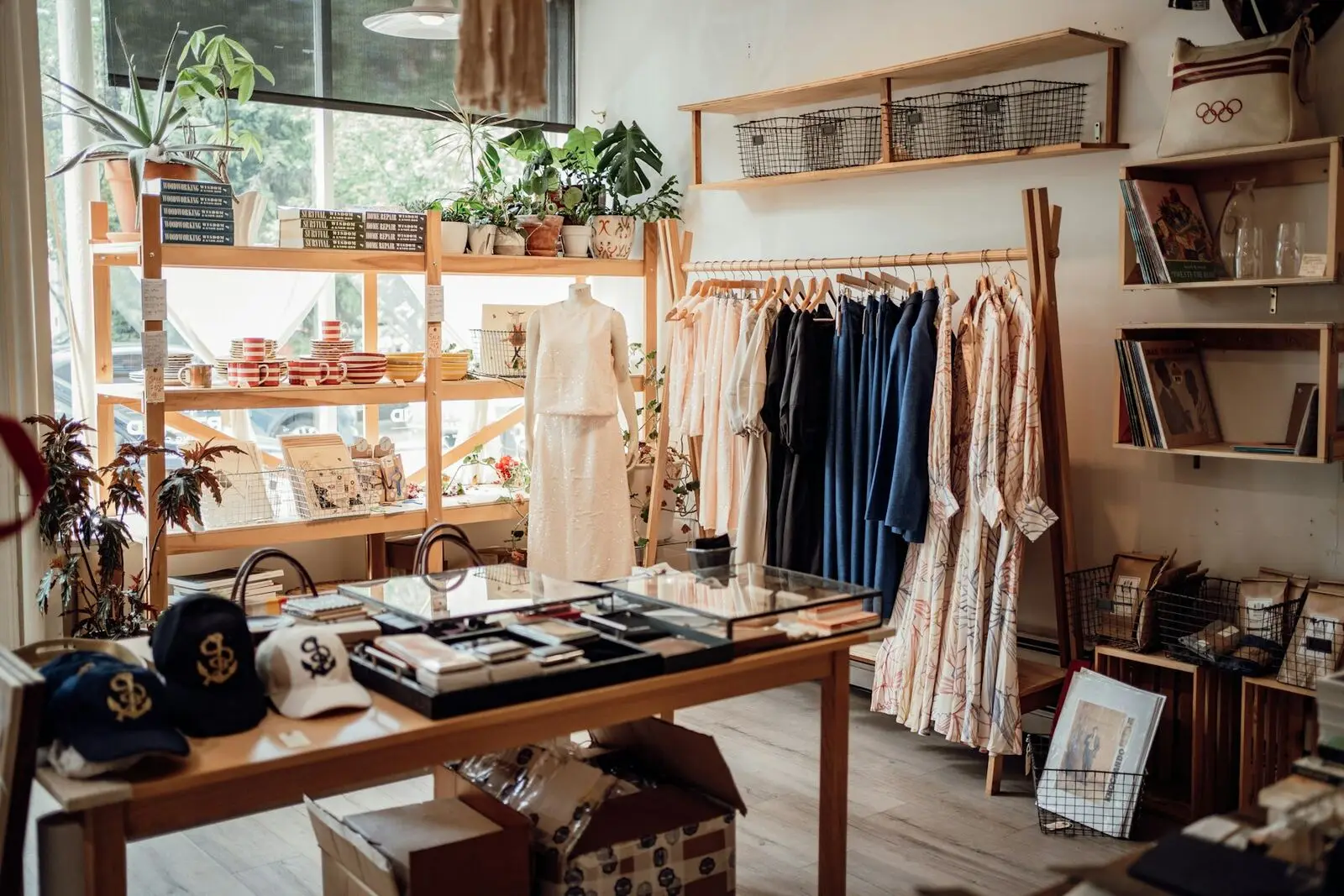 A boutique display of clothes and hats
