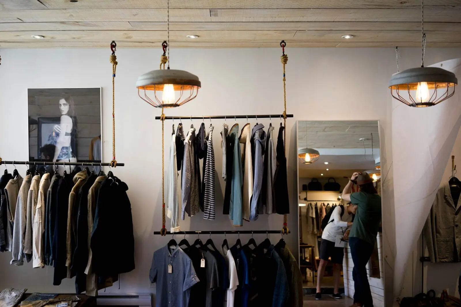 A boutique interior with hanging racks