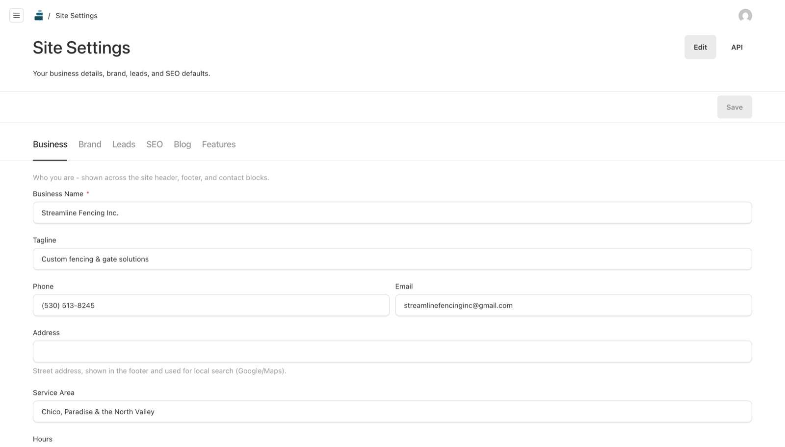 The Skal admin Site Settings screen with business name, phone, and email fields