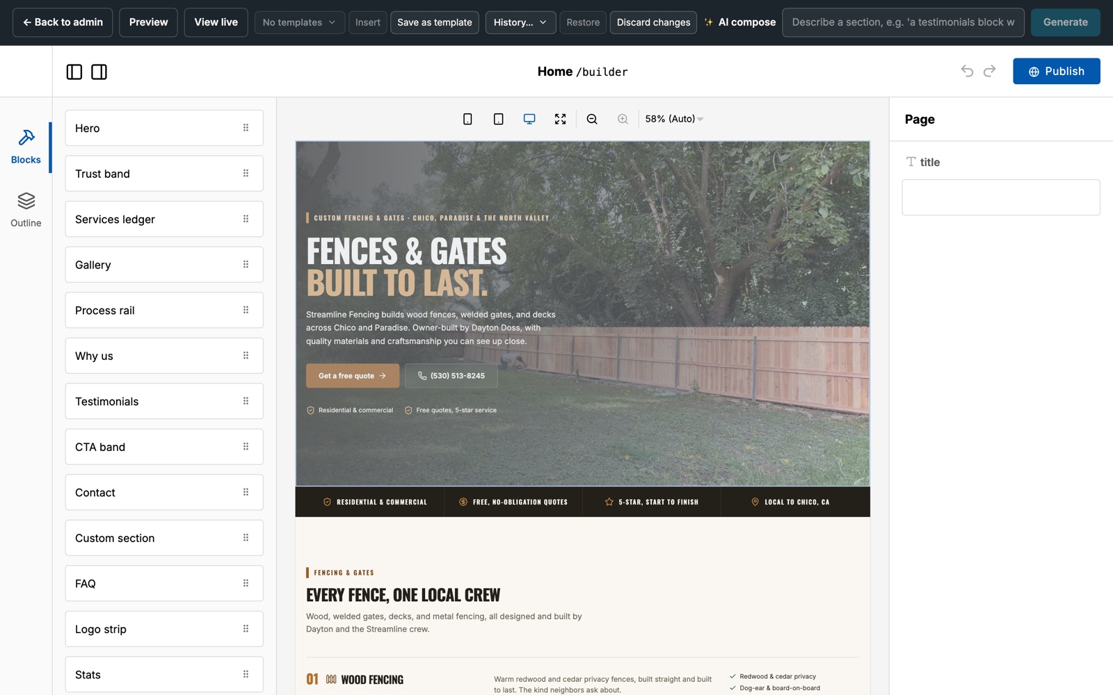 The Skal visual builder, showing a block palette beside a live preview of a fencing company homepage